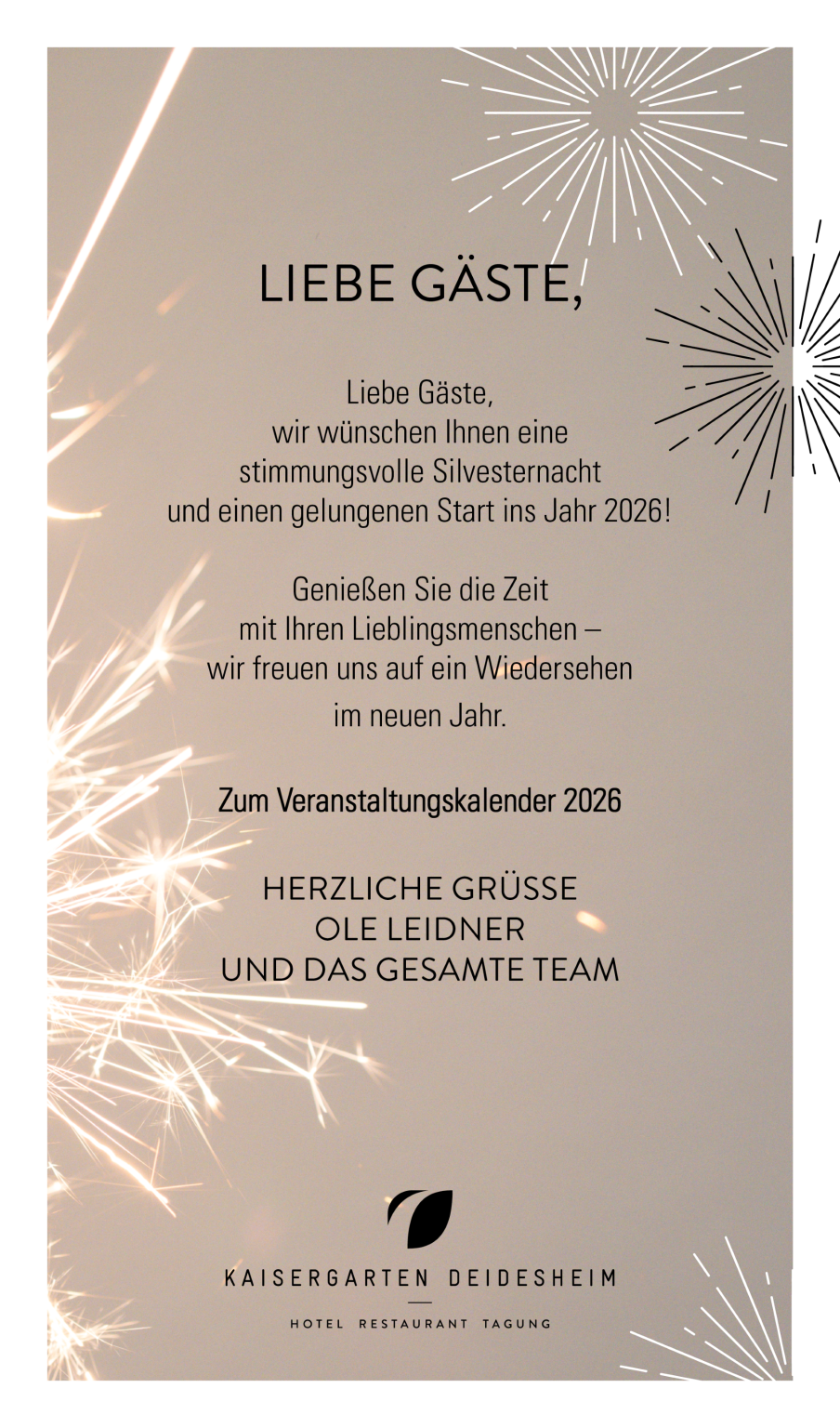 Pop Up mit unserem Neujahrsgruß an unsere Gäste im Hotel Kaisergarten Deidesheim. Darunter eine Verlinkung zum Veranstaltungskalender 2026