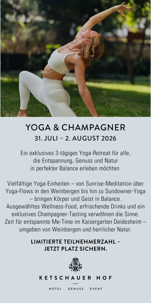 Pop Up, das auf der Landingpage aufliegt und das Arrangement "Yoga & Champagner" anteasert. Es verlinkt direkt zu Detailinfos des Arrangements.